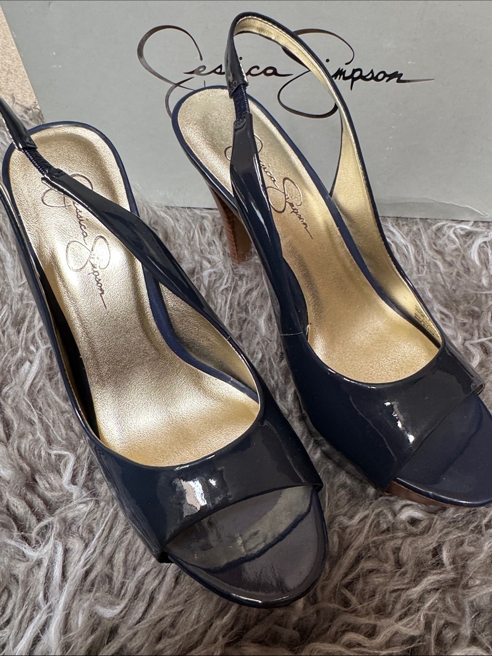 Jessica Simpson Navy Patent Leather Peep-Toe Slingback Platform Heels